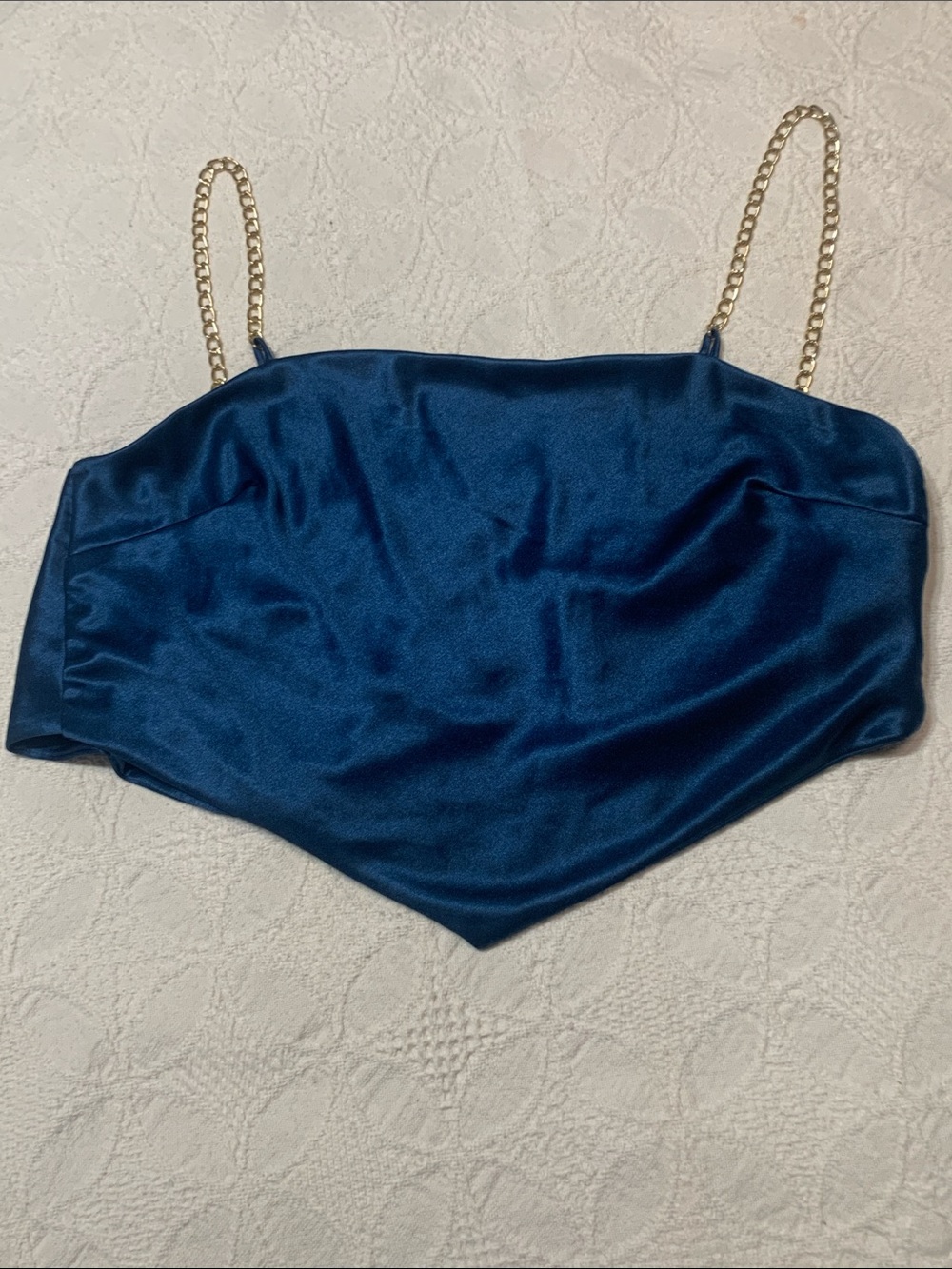 Gold-Chain Strap Satin Crop Cami in Deep Blue